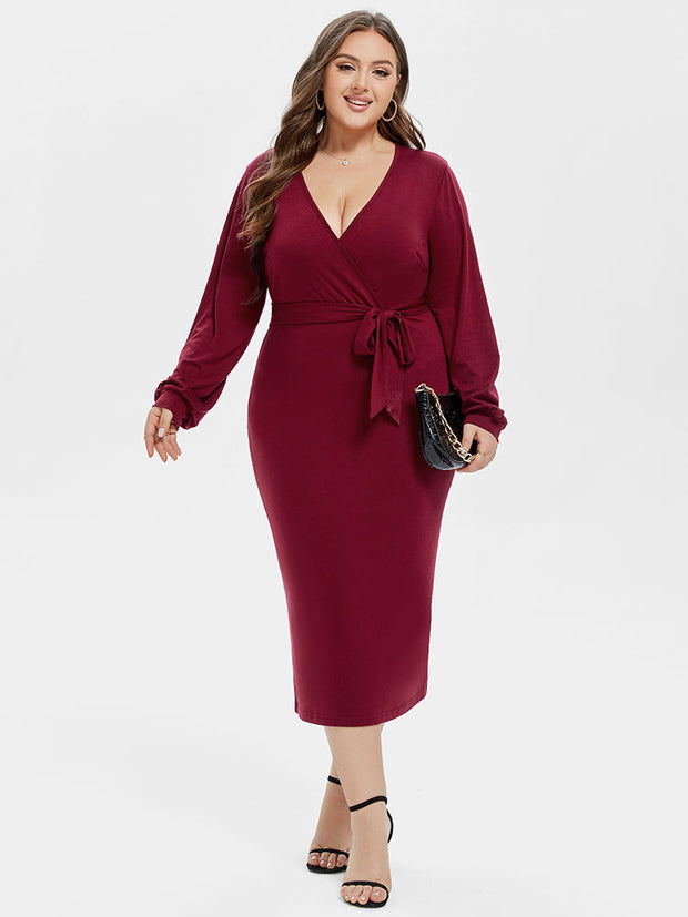 V-Neck Lantern Sleeve Belted Wrap Midi Dress