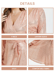 V-Neck Lantern Sleeve Belted Sequin Dress