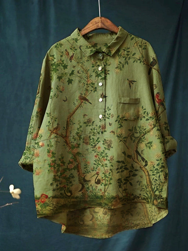 Women's Print Floral Casual Cotton And Linen Shirt