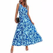 V-neck Elastic Waist Printed Casual Sleeveless Long Dresses