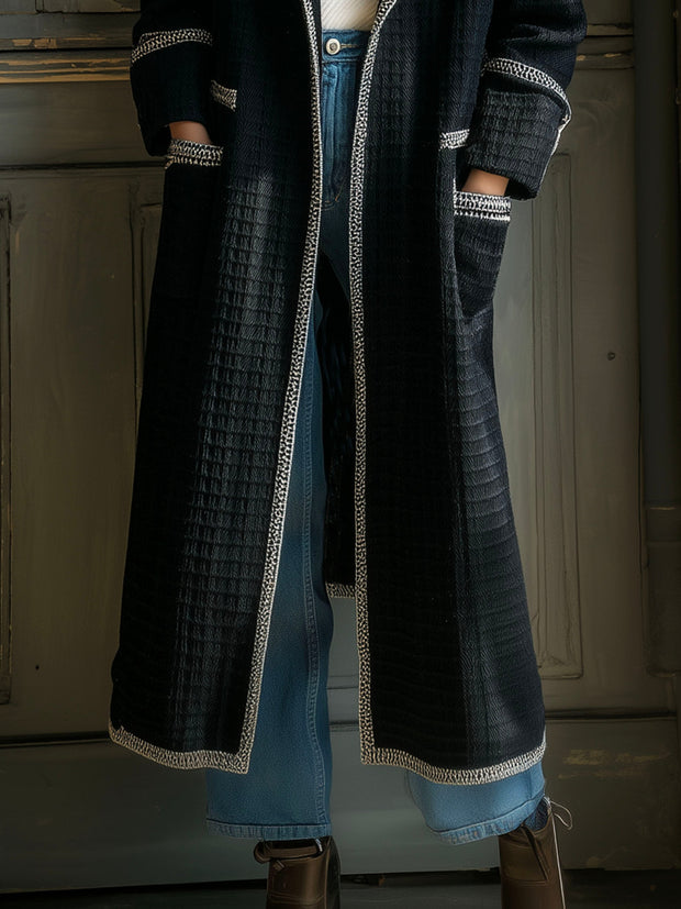 Elegant Textured  Quilted Contrast Trim Long Coat With Pockets