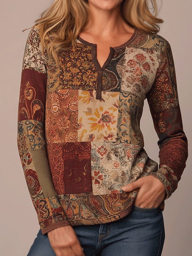 Bohemian Mixed Floral Long Sleeve Henley T-Shirt