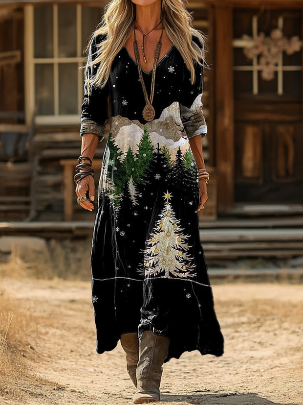 Women's Vintage Christmas Art Print Casual Long-Sleeve V-Neck Cotton Dress