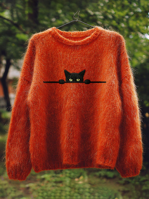 Retro Casual Halloween Funny Black Cat Embroidered Sweater
