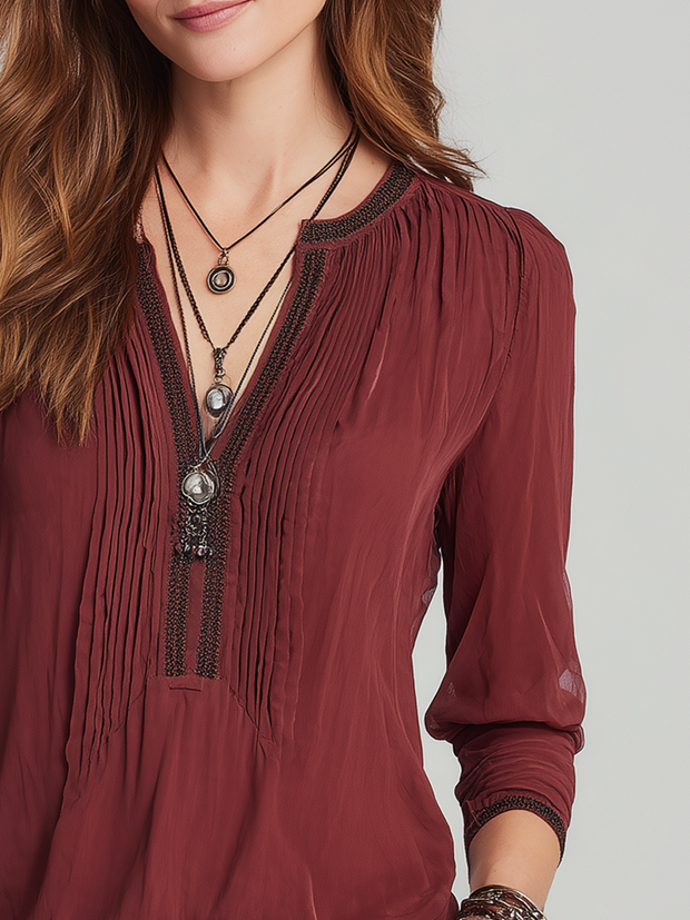 Vintage Contrast Trim Pleated Long Sleeve Henley Shirt