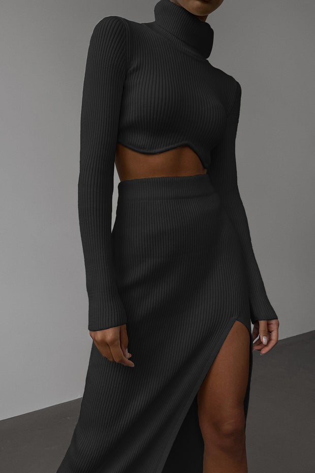 Fitted Turtleneck Top and Slit Skirt Two-piece Set