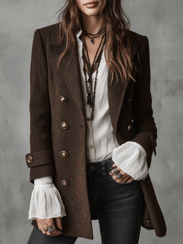 Vintage Brown Wool Double-Breasted Military Blazer Coat