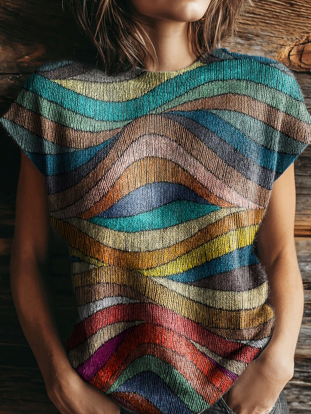 Women's Colorful Geometric Lines Print Casual Crew Neck Short Sleeve Knitted Sweater