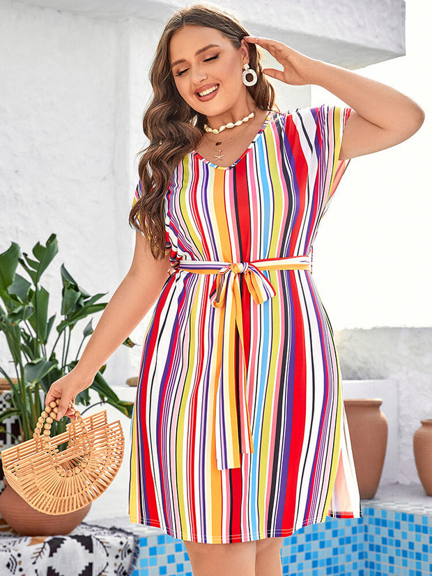 Plus Colorblock Striped Tie Dolman Sleeve Midi Dress