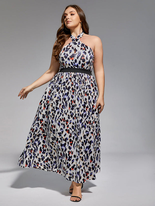 Plus Leopard Print Halter Elastic Waist Maxi Dress