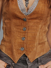 Vintage Crocodile Texture Caramel Eco-suede Slim Fit Vest