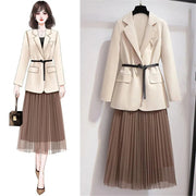 Spring Fashion Office Ladies 2pcs Suit Women Sashes V Neck Blazer Jacket Coat+Mesh Pleated Long Skirt Korean Two Pieces Set