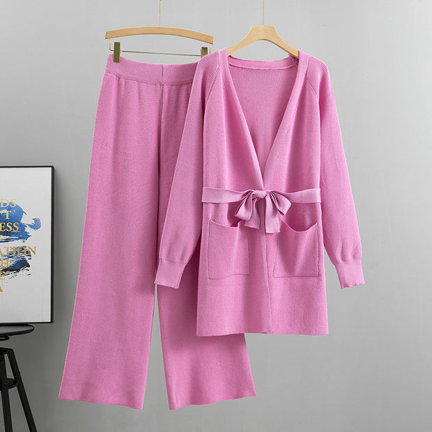 V-neck knitted cardigan jacket wide-leg pants two-piece set