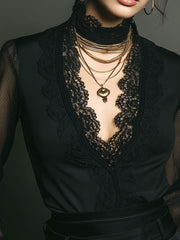 Romantic Black Sheer Mesh Sleeve Lace High Neck Top