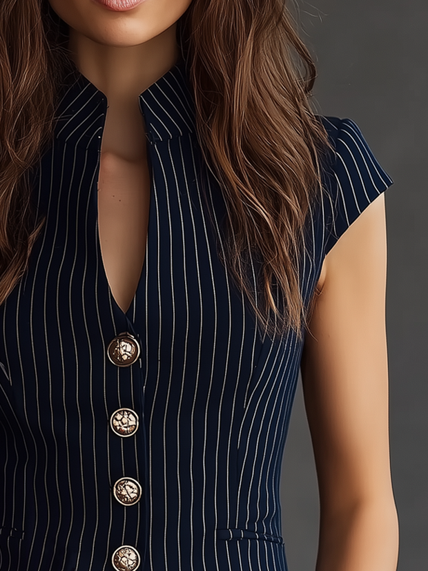 Retro Stand V-Neck Striped Short-Sleeved Blouse