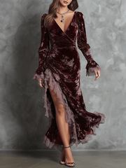 Elegant Burgundy Velvet Wrap Lace Trim Slit Maxi Dress