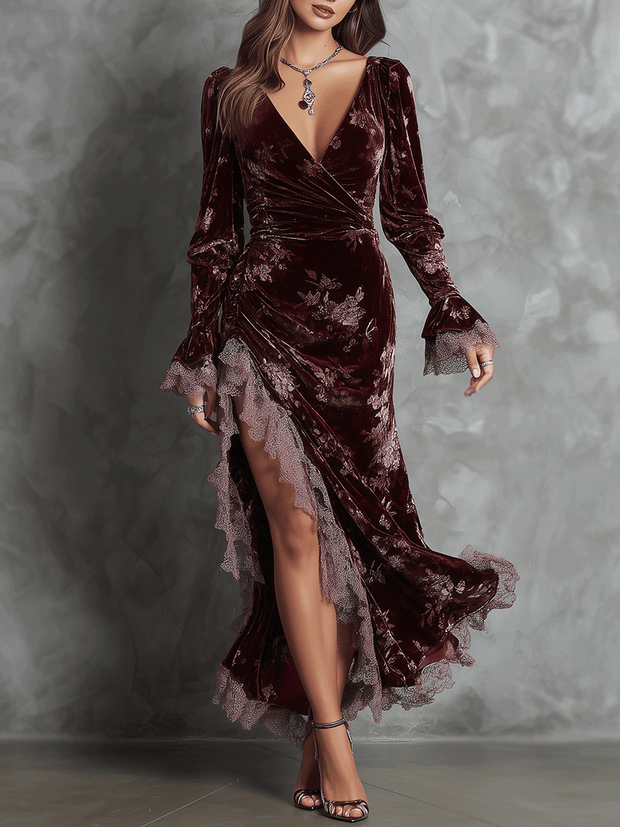 Elegant Burgundy Velvet Wrap Lace Trim Slit Maxi Dress