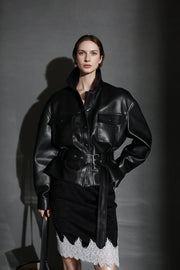 Women’s Cropped Sheepskin Leather Moto Jacket – High-End Belted Designer Biker Outerwear