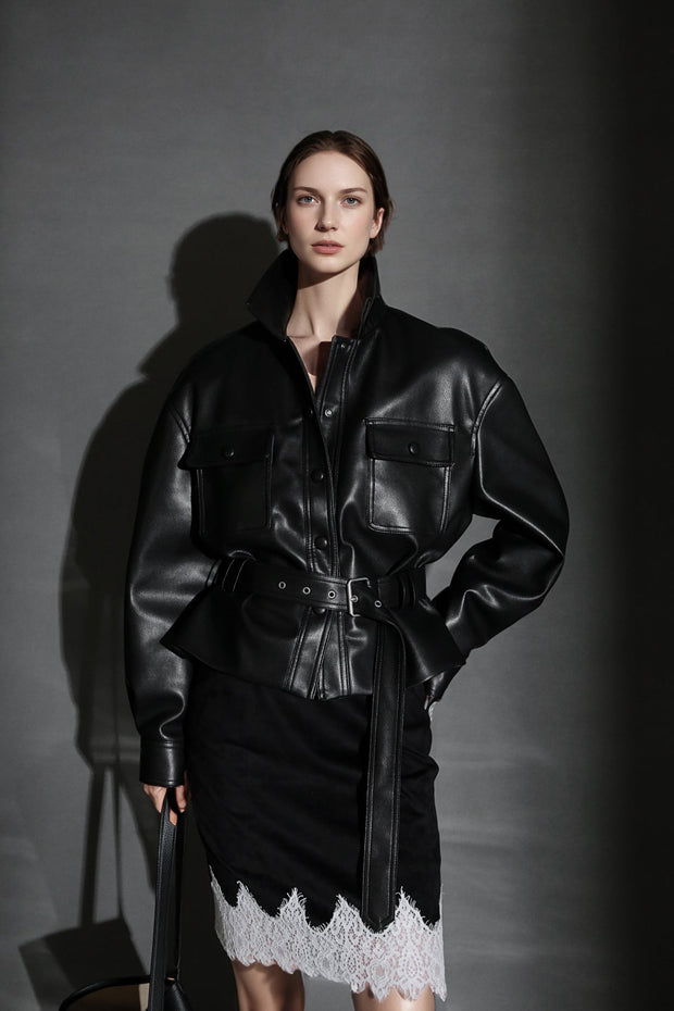 Women’s Cropped Sheepskin Leather Moto Jacket – High-End Belted Designer Biker Outerwear