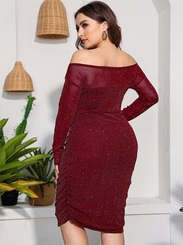 Glitter Mesh Patchwork Off Shoulder Ruched Midi Dress