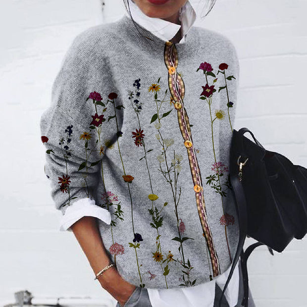 Fashion Brushed Floral Print Long Sleeve Cardigan