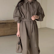 Lantern Long Sleeved Solid Color Waist Shirt Maxi Dress