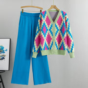 Knitted cardigan jacket wide leg pants two piece set