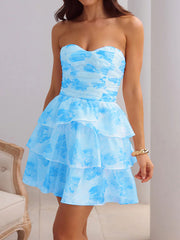 Strapless ruched tiered mini dress