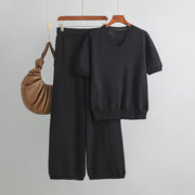 V-neck loose slit sweater straight-leg trousers two-piece set