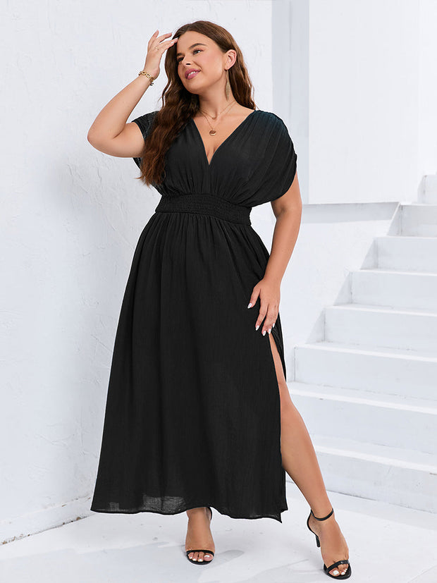 V-Neck Dolman Sleeve Ruched Split Pocket Maxi Dress