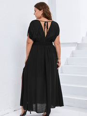 V-Neck Dolman Sleeve Ruched Split Pocket Maxi Dress