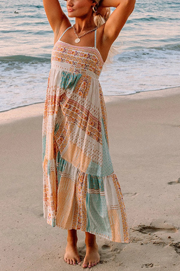 Multicolor Boho Patchwork Print Square Neck Sundress