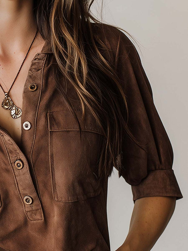 Maroon Micro-suede Pocket Henley Shirt