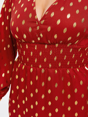 Polka Dot Print V-Neck Lantern Sleeve Midi Dress