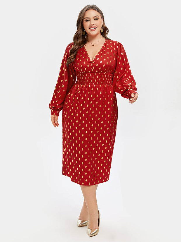 Polka Dot Print V-Neck Lantern Sleeve Midi Dress