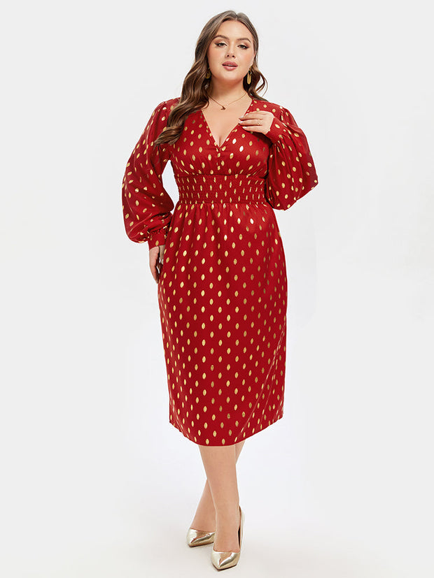 Polka Dot Print V-Neck Lantern Sleeve Midi Dress