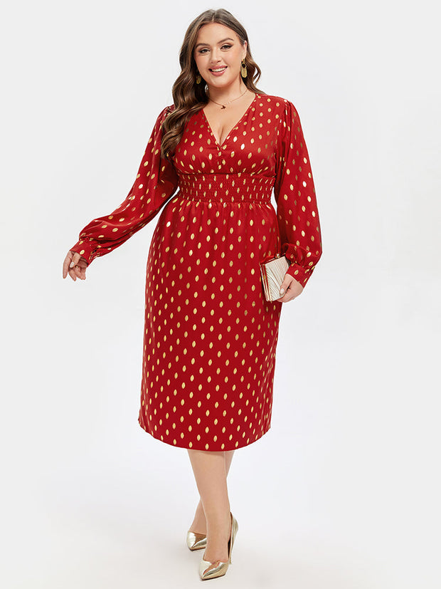 Polka Dot Print V-Neck Lantern Sleeve Midi Dress