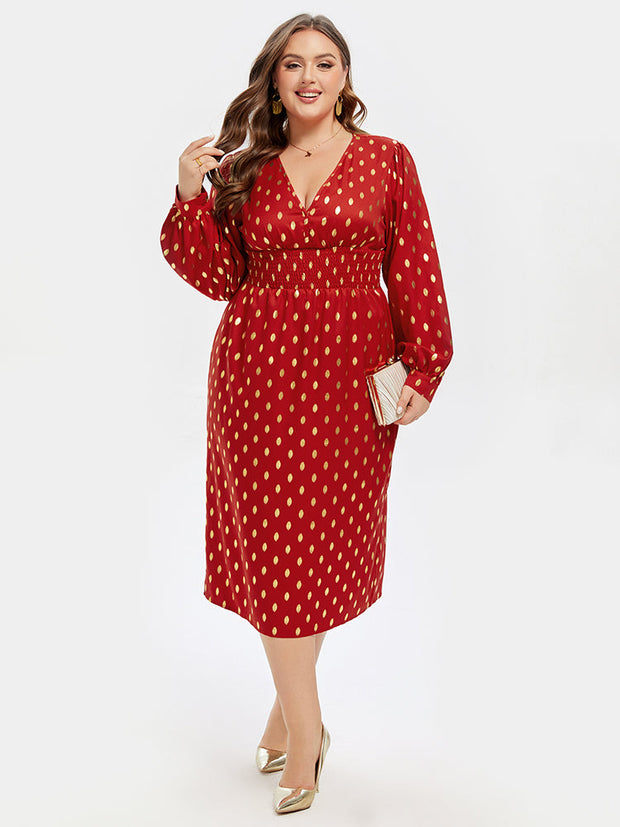 Polka Dot Print V-Neck Lantern Sleeve Midi Dress