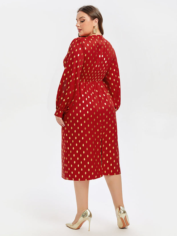 Polka Dot Print V-Neck Lantern Sleeve Midi Dress