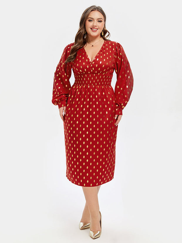 Polka Dot Print V-Neck Lantern Sleeve Midi Dress