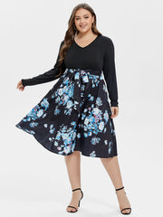 Floral Print V-Neck Belted Midi Dress