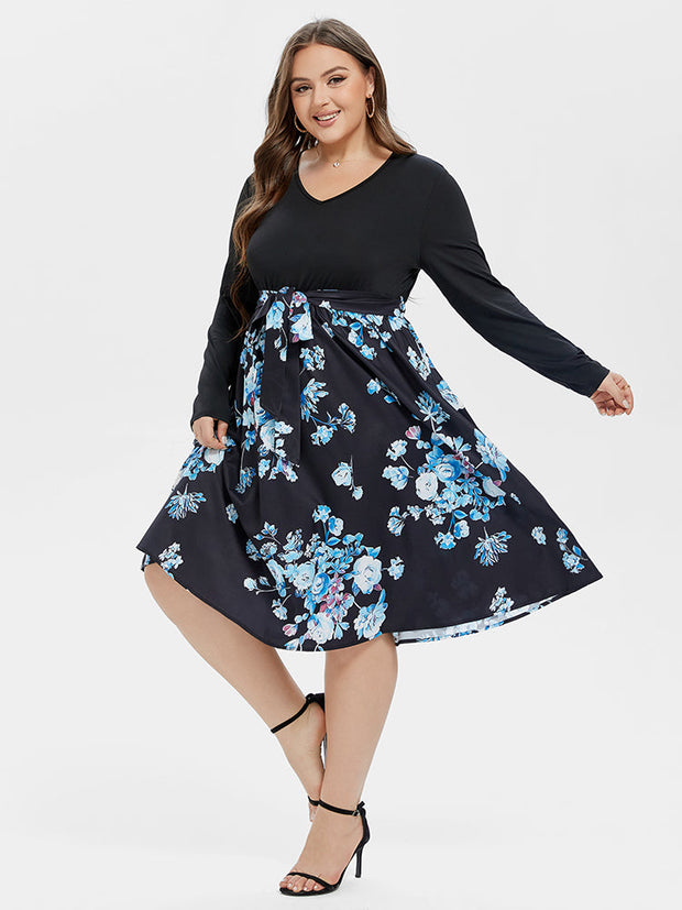 Floral Print V-Neck Belted Midi Dress