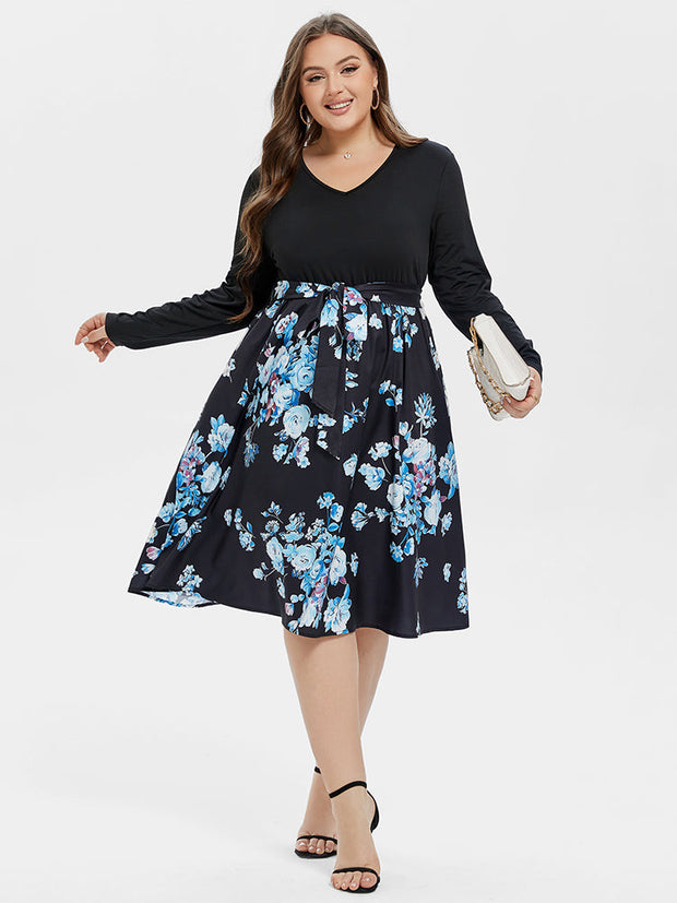 Floral Print V-Neck Belted Midi Dress