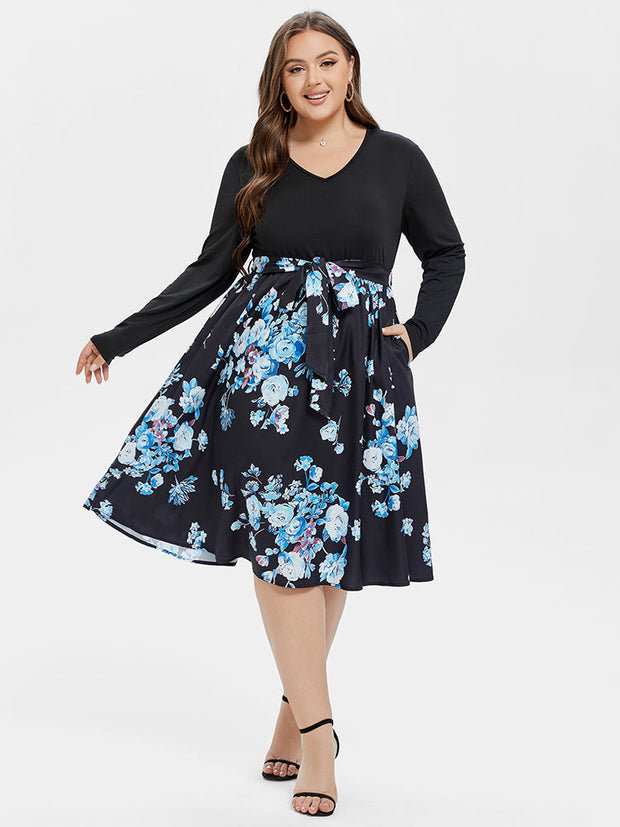 Floral Print V-Neck Belted Midi Dress