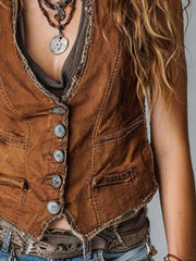 Washed Caramel Denim With Brass Button Stitching Vest