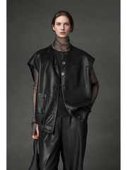 Women’s Sheepskin Leather Vest – Oversized Pocket Design Sleeveless Jacket, Versatile Chic Outerwear