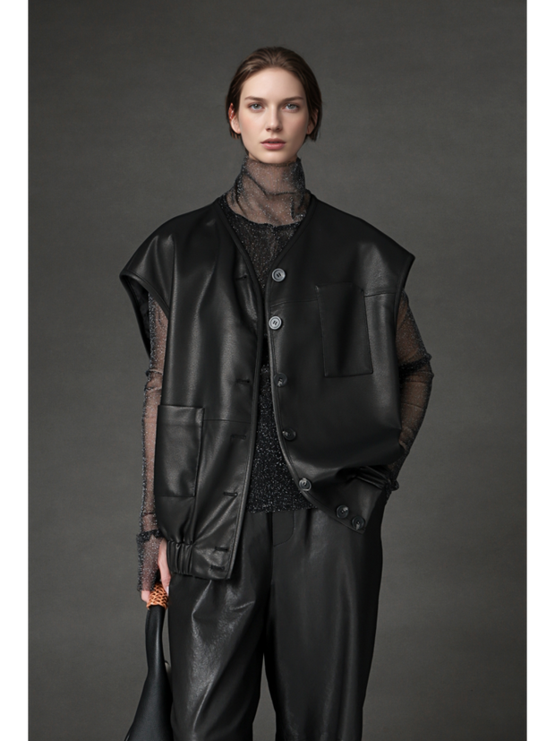 Women’s Sheepskin Leather Vest – Oversized Pocket Design Sleeveless Jacket, Versatile Chic Outerwear