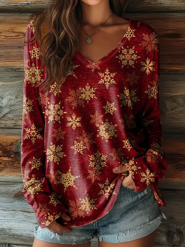 Ladies Vintage Red Snowflake Christmas Art Print Casual V-neck Long Sleeve T-shirt