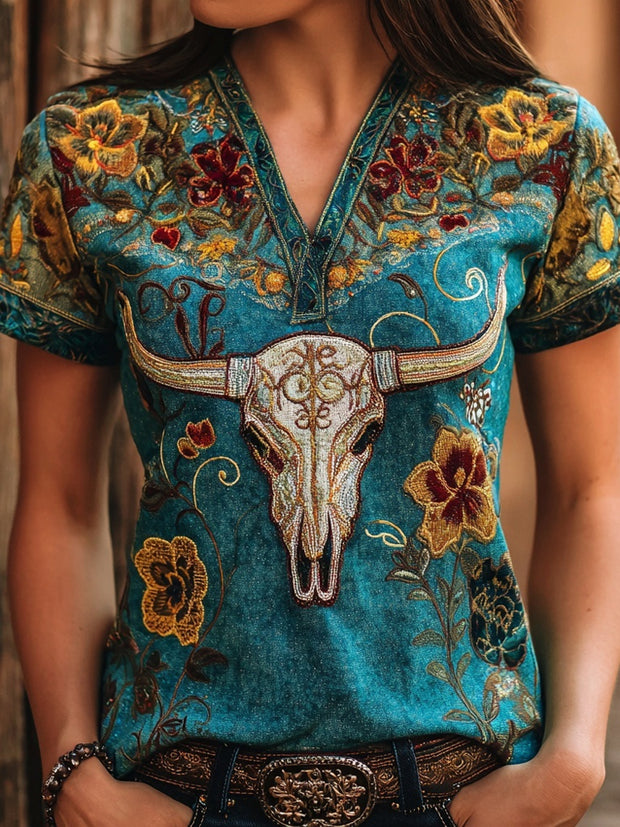 Western Bull Skull & Flowers Embroidered Vintage T Shirt