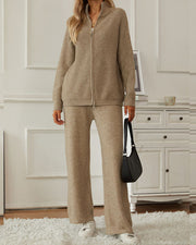 Zipper lapel knitted cardigan + wide-leg pants